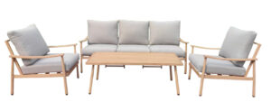Modern Garden Sofa Set Solid Wooden with Natural Finish White Sunproof Cushion for Hotel Patio Leisure Style Fabric