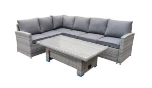 Monterey Dove Grey Rattan Curved Corner Sofa Rectangle Dining Table High Quality Outdoor Furniture Modern Leisure Style