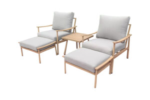 Modern Garden Sofa Set Solid Wooden with Natural Finish White Sunproof Cushion for Hotel Patio Leisure Style Fabric