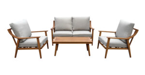 Carolyn Simple Garden Sofa Set Made of Solid Teak Wood and Waterproof Cushion with Natural Finish for Outdoor Garden Use.